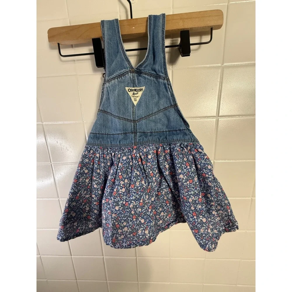OshKosh B'gosh Toddler Girls Floral Denim Overall Jumper Dress 18-24M Blue